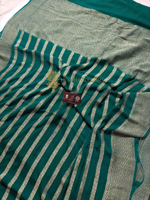 Emerald Green Pure Khaddi Georgette Silk Handloom Banarasi Saree - Water Zari