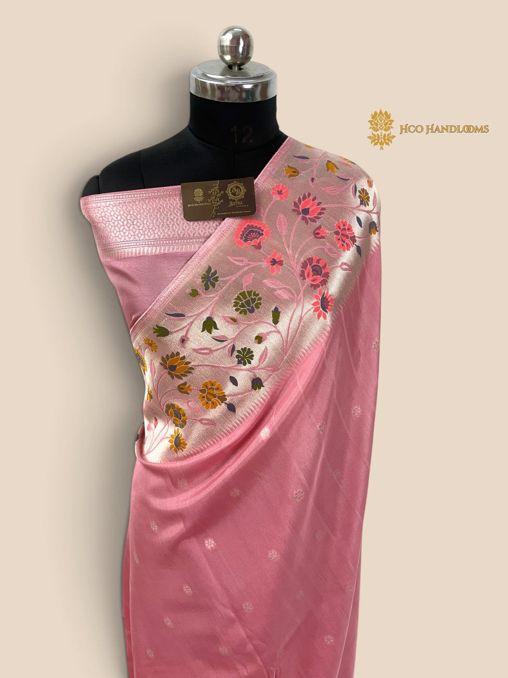 Pastel Pink Matka Tussar Silk Banarasi Saree - All Over Motifs & Paithani
