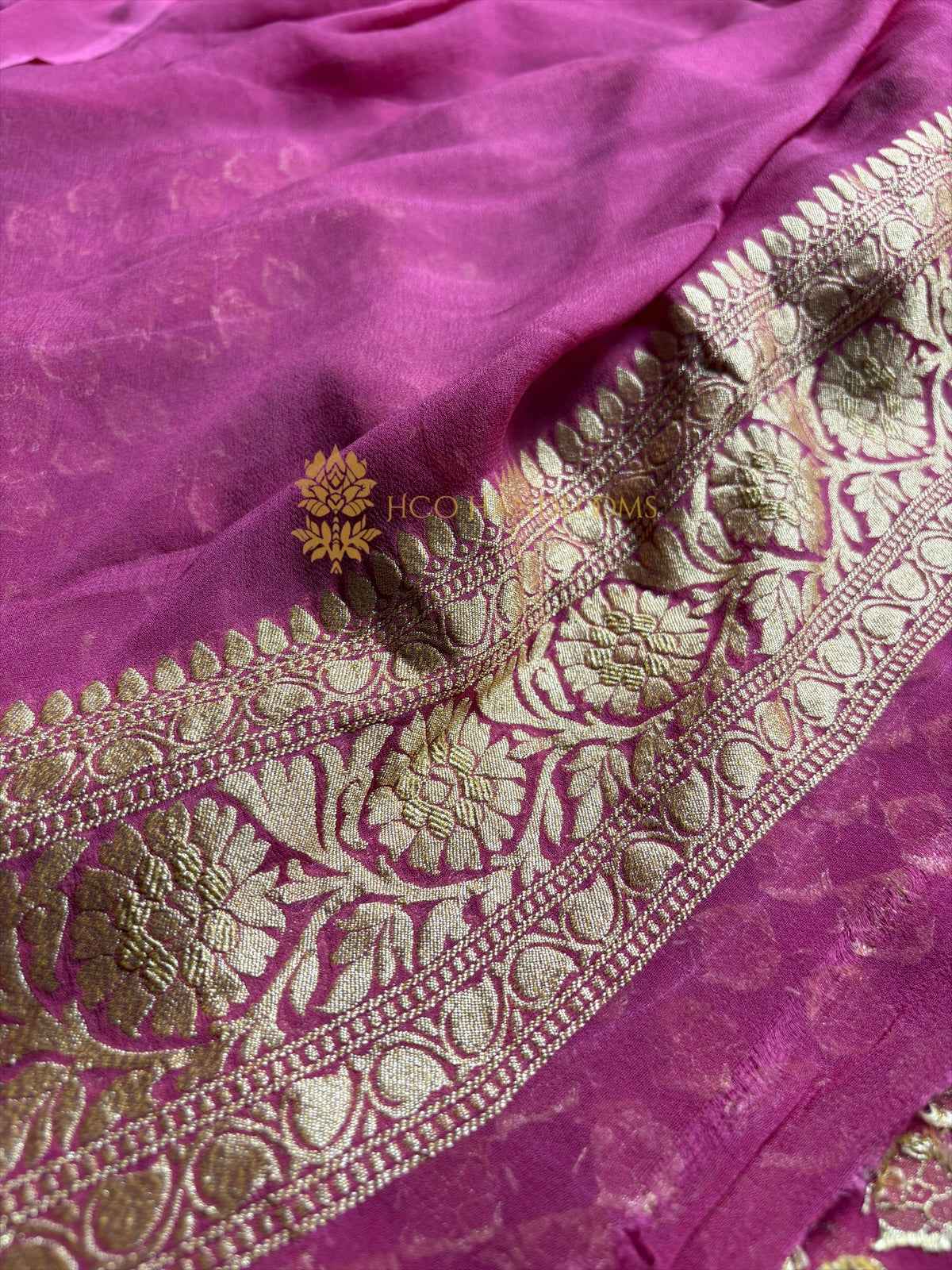 Carrot Pink Pure Khaddi Georgette Silk Handloom Banarasi Saree - Gold Zari