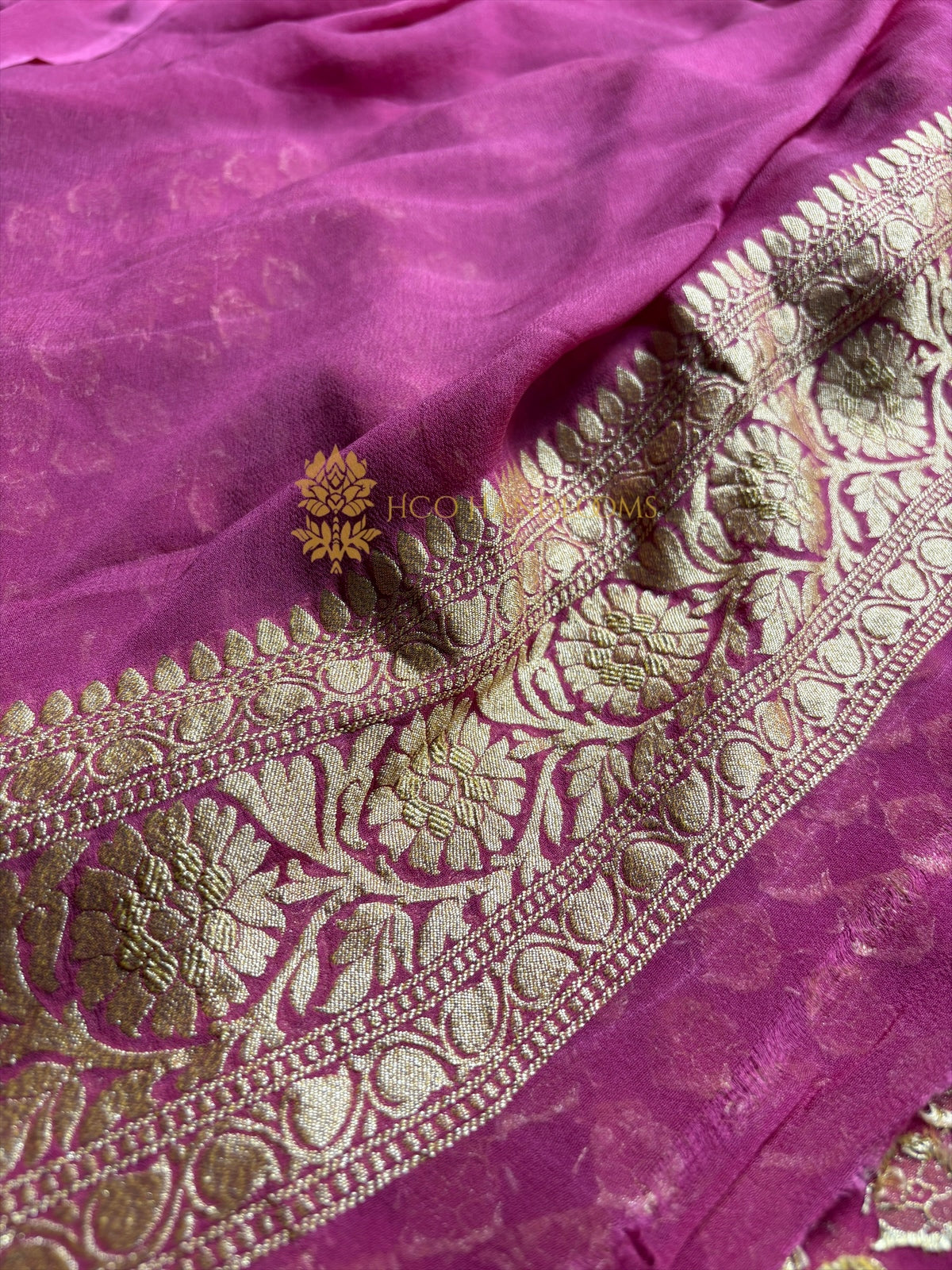 Carrot Pink Pure Khaddi Georgette Silk Handloom Banarasi Saree - Gold Zari