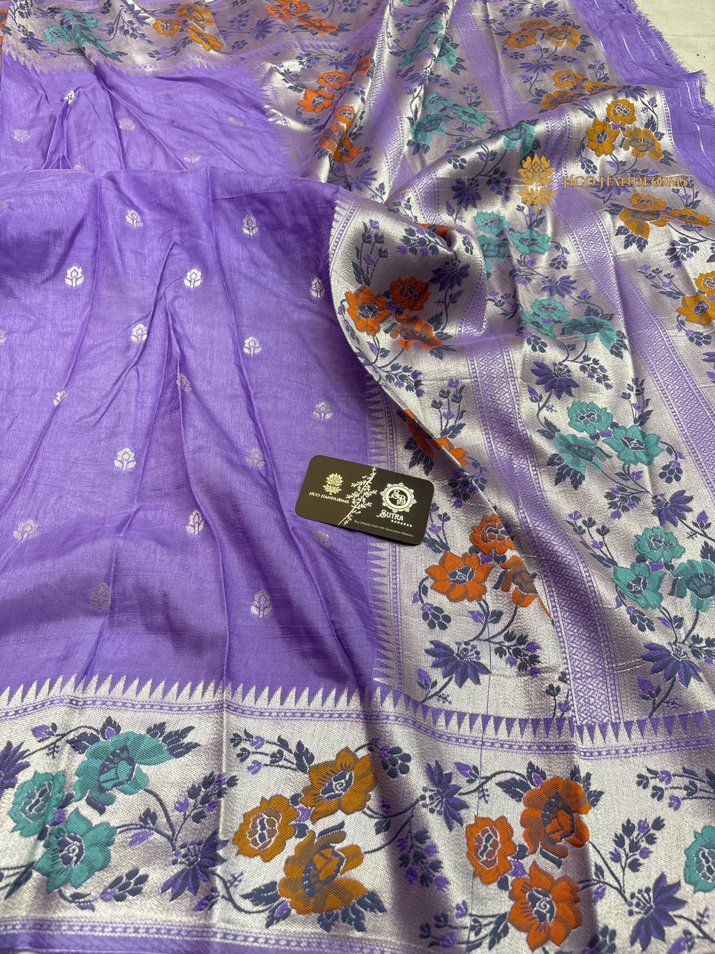 Pastel Purple Matka Tussar Silk Banarasi Saree - All Over Motifs & Paithani
