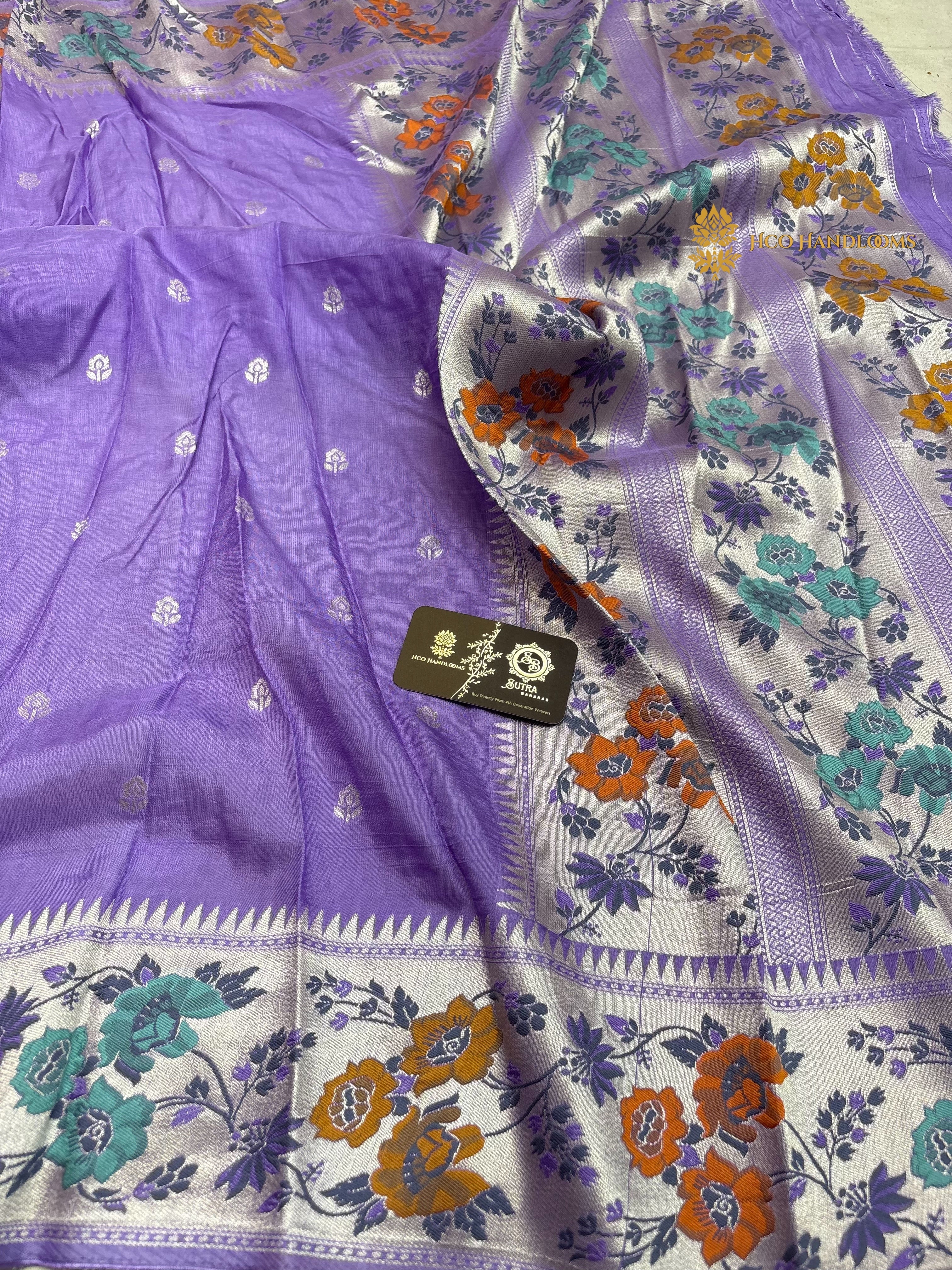 Pastel Purple Matka Tussar Silk Banarasi Saree - All Over Motifs & Paithani