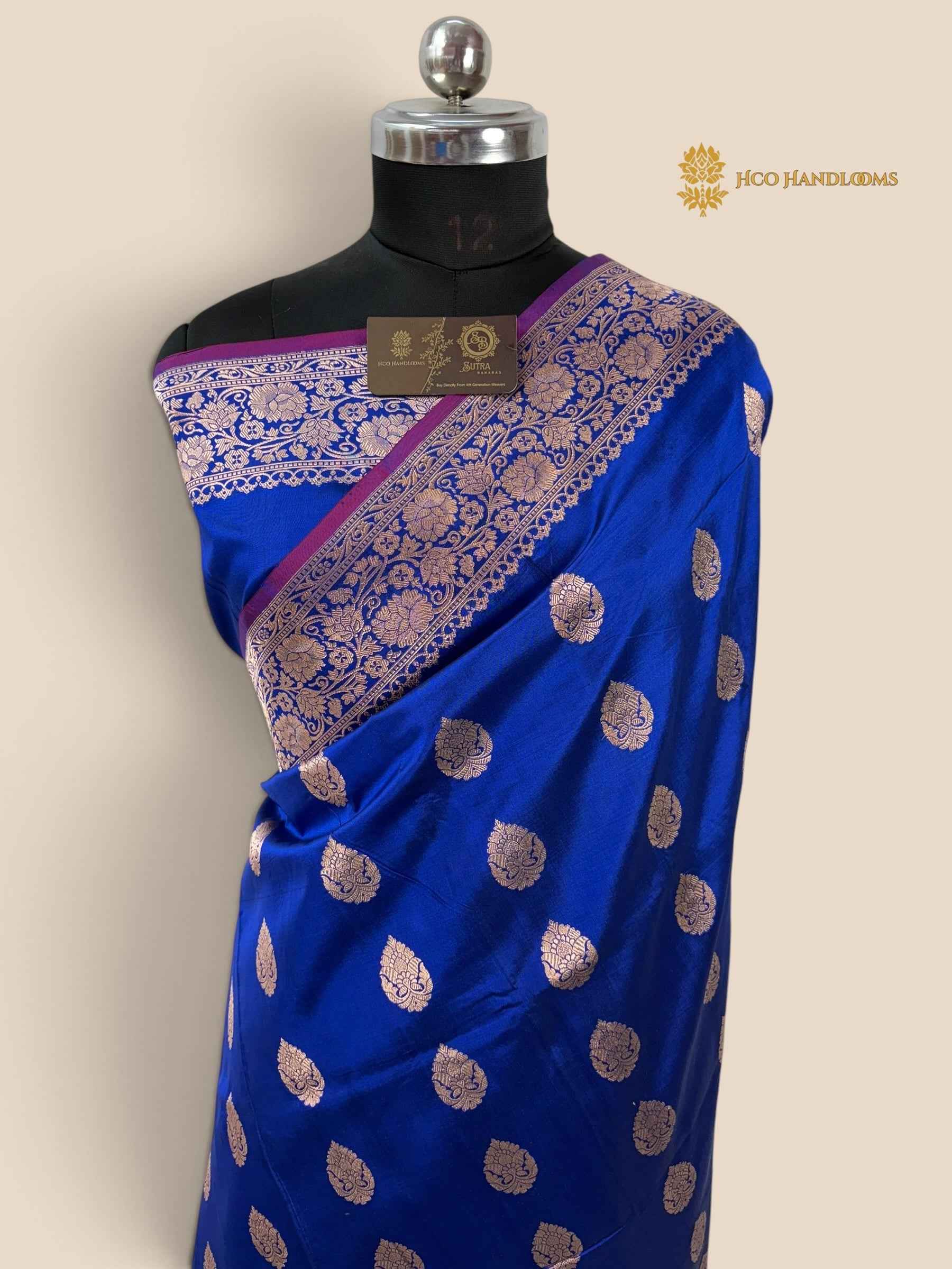 Royal Blue Pure Katan Silk Handloom banarasi saree - All Over Kadhua Motifs