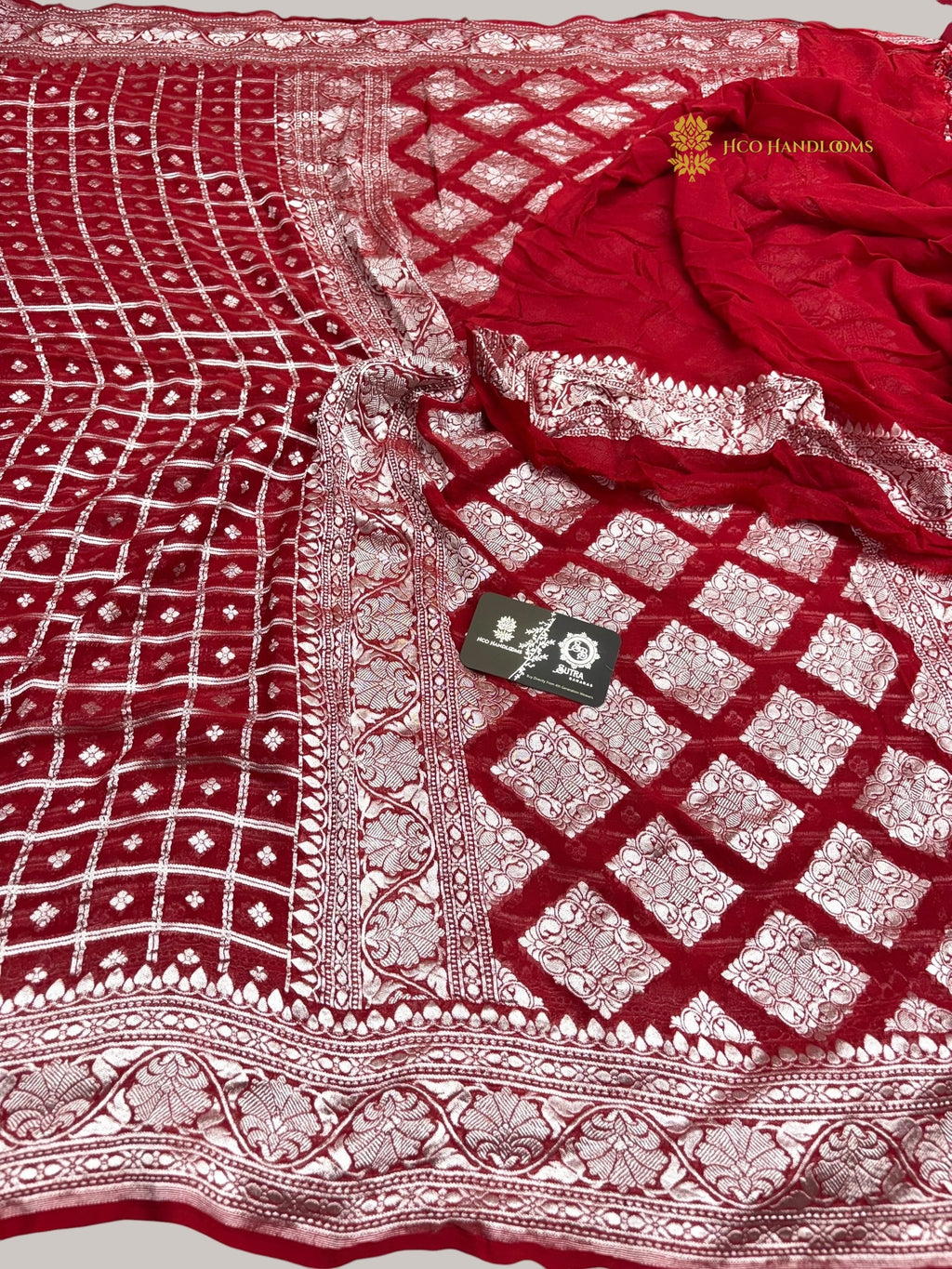 Red Pure Khaddi Georgette Silk handloom Banarasi Saree - Water Zari