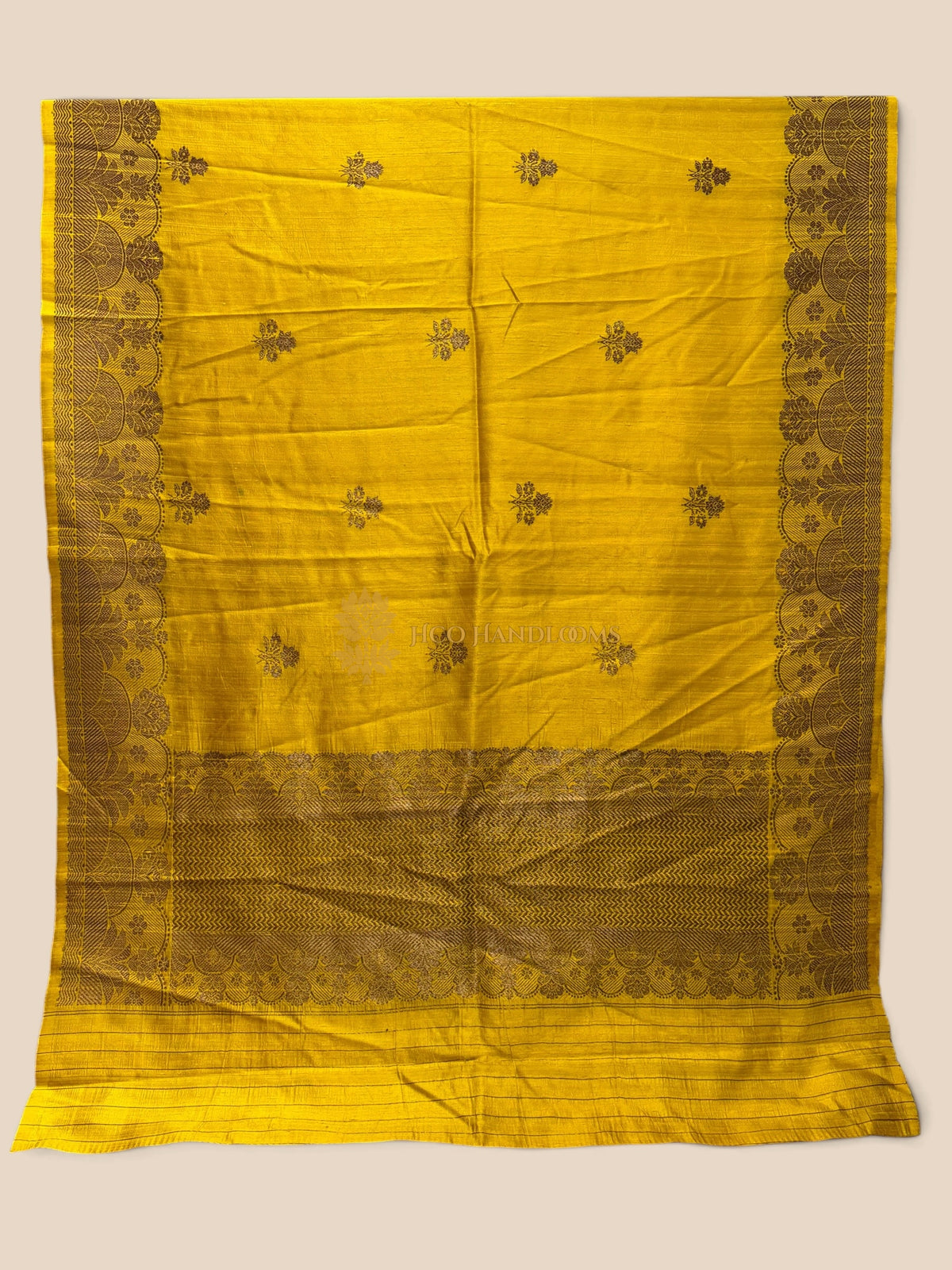 Yellow Pure Raw Tussar Silk Handloom Banarasi Saree - Kadhua Motifs