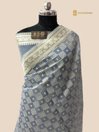 Pastel Blue Premium Cotton Jamdani Banarasi Saree - All Over Jaal