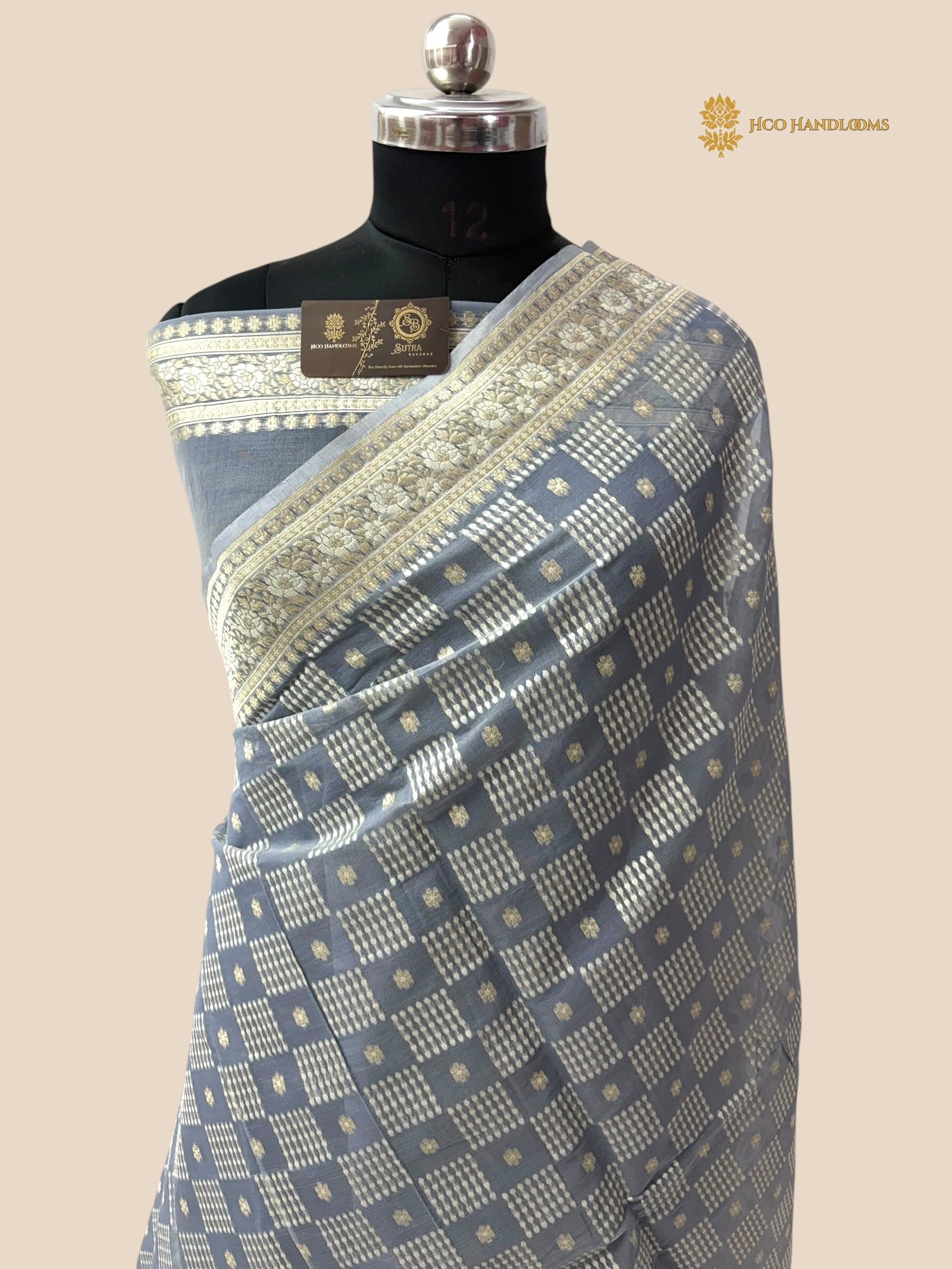 Pastel Blue Premium Cotton Jamdani Banarasi Saree - All Over Jaal