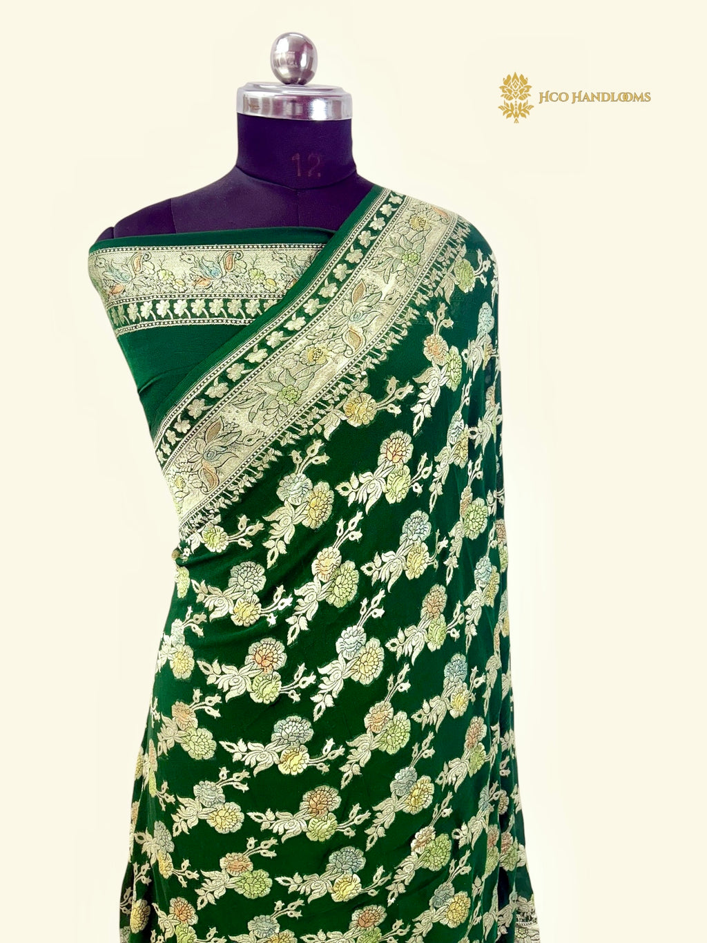Bottle Green Pure Khaddi Georgette Silk Handloom Banarasi Saree - All Over Meenakari Jaal