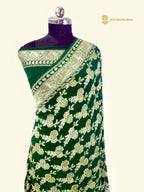 Bottle Green Pure Khaddi Georgette Silk Handloom Banarasi Saree - All Over Meenakari Jaal