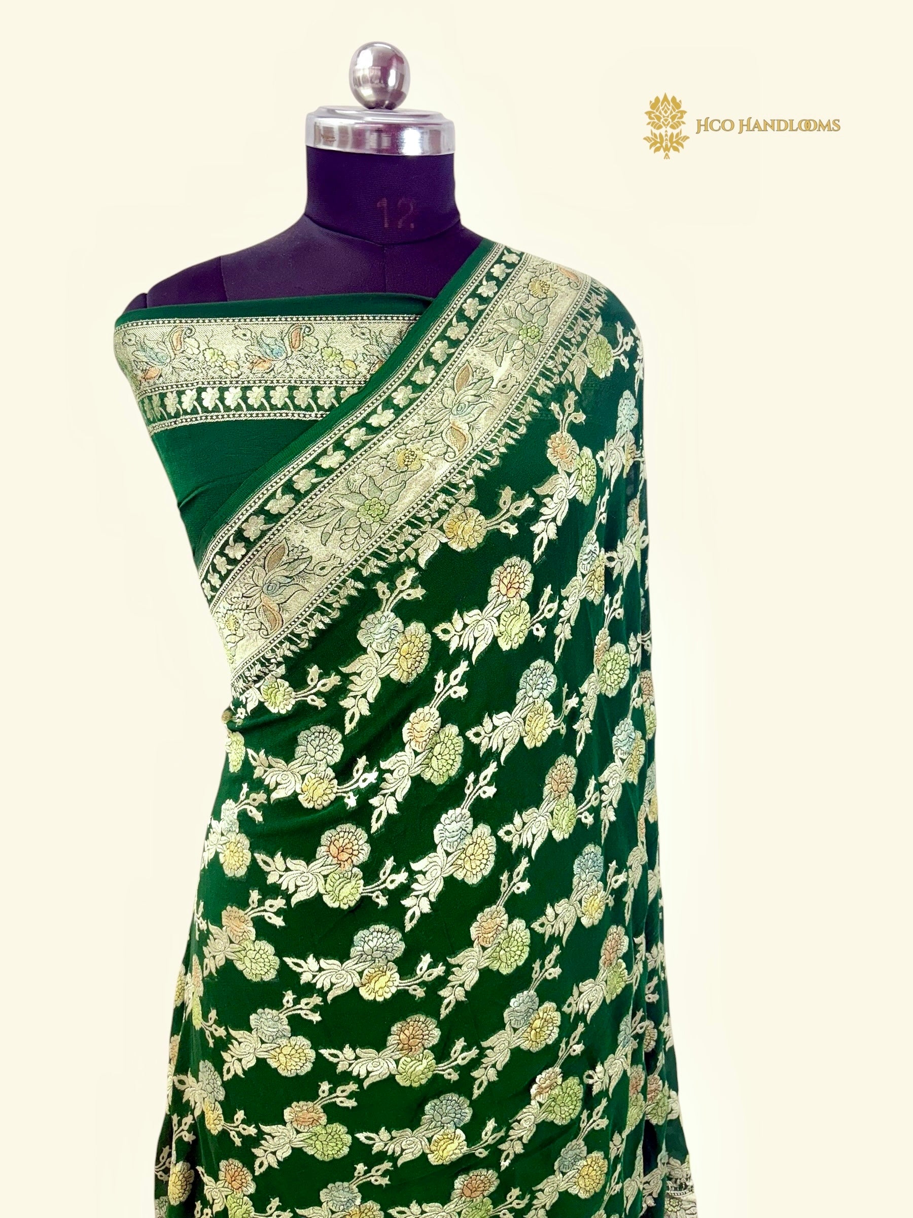 Bottle Green Pure Khaddi Georgette Silk Handloom Banarasi Saree - All Over Meenakari Jaal