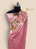 Pastel Pink Matka Tussar Silk Banarasi Saree - All Over Motifs & Paithani