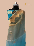 Half Brown & Half Blue Pure  Kora Silk Handloom Banarasi Saree - All Over Meenakari Kadua Motifs