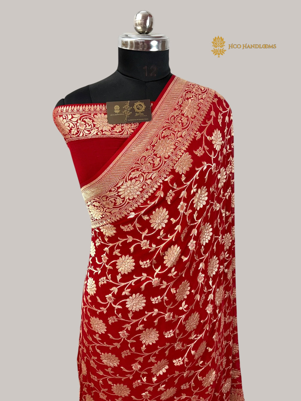 Red Pure Khaddi Georgette Silk Handloom Banarasi Saree - Water Zari