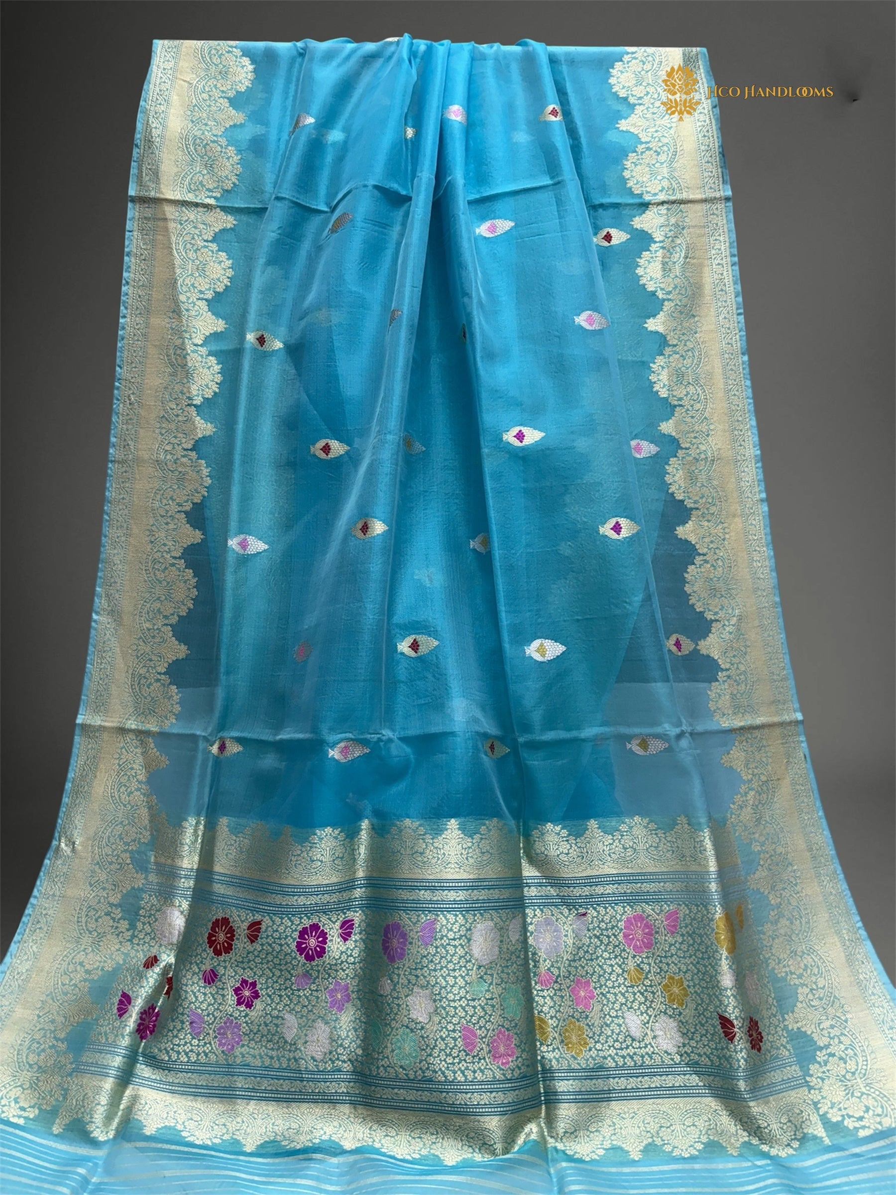 Regal Blue Pure Kora Silk Handloom Banarasi saree - All Over Meenakari Kadua Motifs