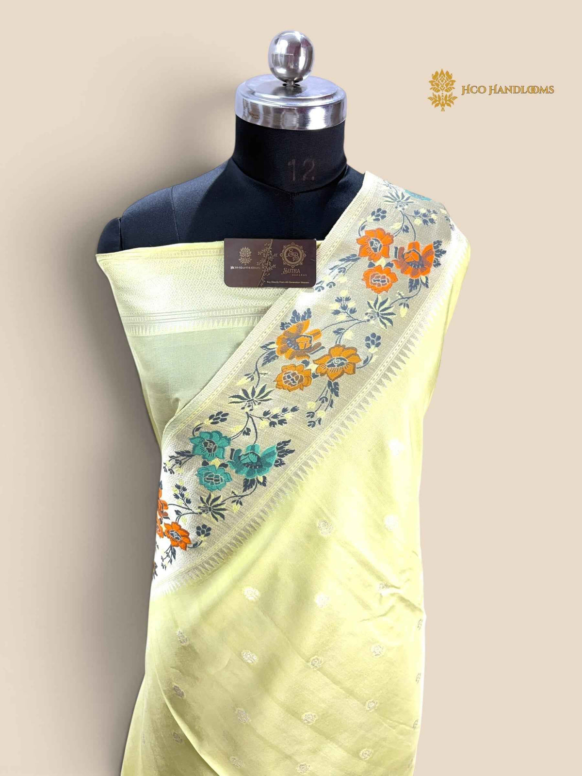 Pastel Yellow Matka Tussar Silk Banarasi Saree - All Over Motifs & Paithani