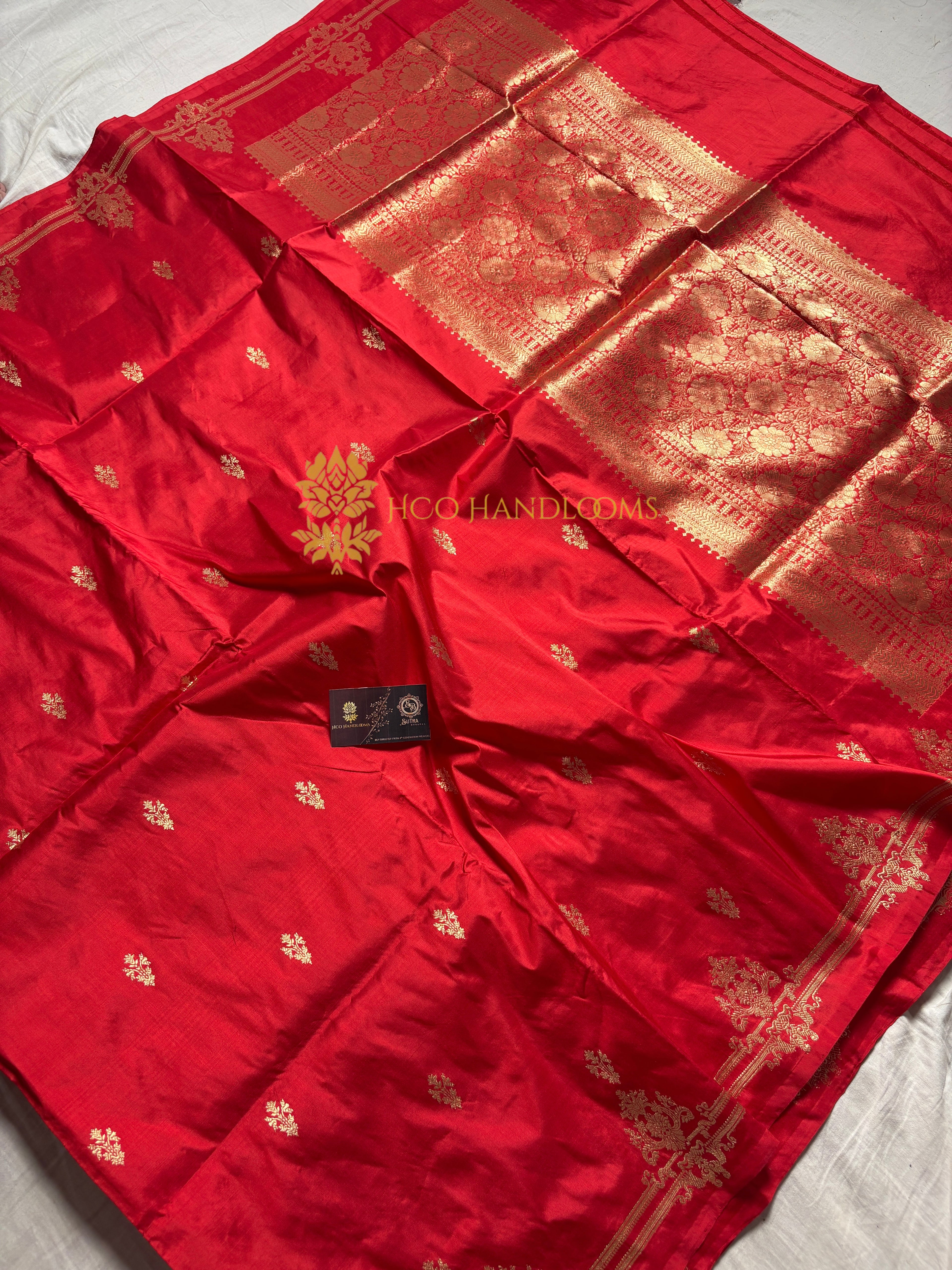 Red Pure Katan Silk Handloom Banarasi Saree - All Over Kadhua Motifs