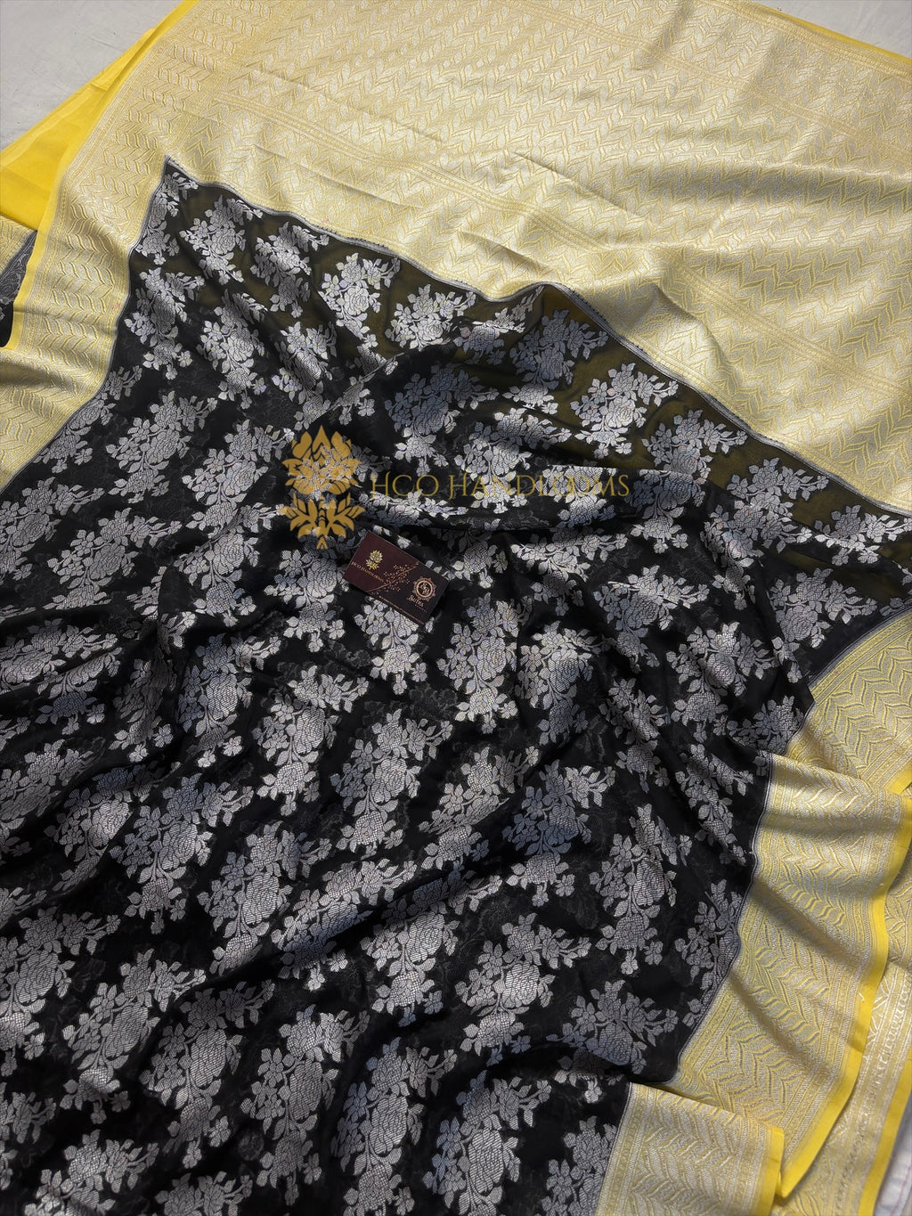 Black Pure Khaddi Georgette Silk Handloom Banarasi Saree - Silver Zari