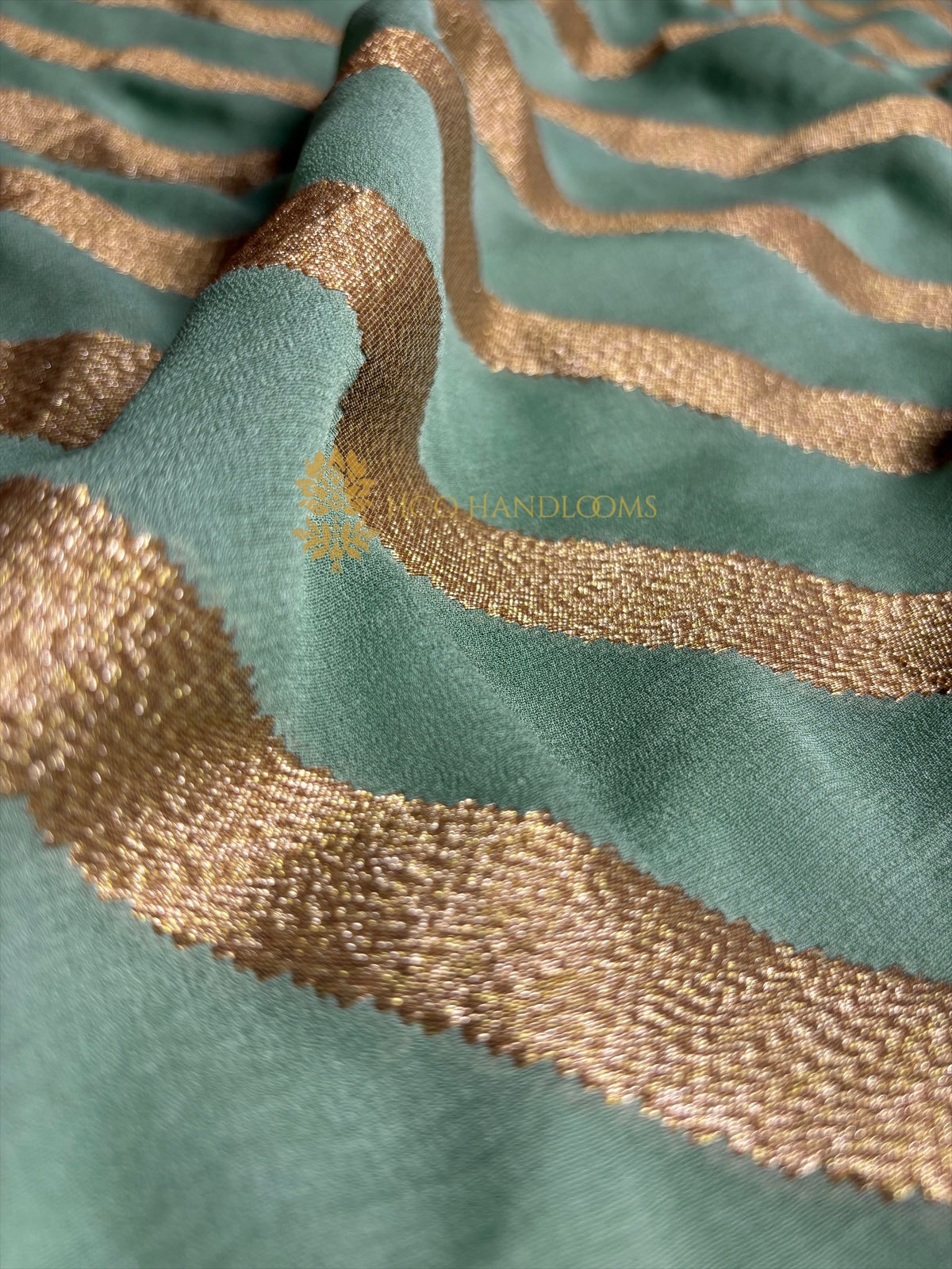 Sea Green Pure Khaddi Georgette Silk Handloom Banarasi Saree - Antique Zari