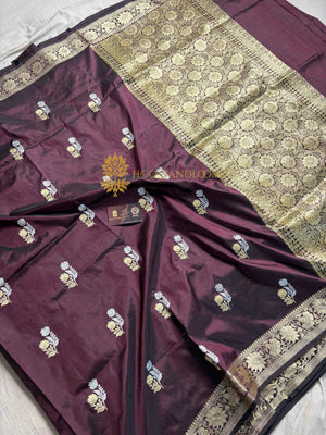 Wine Pure Katan Silk Handloom Banarasi Saree - All Over Kadhua Motifs