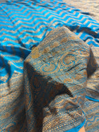 Firozi Pure Khaddi Georgette Handloom Banarasi Saree - Antique Zari
