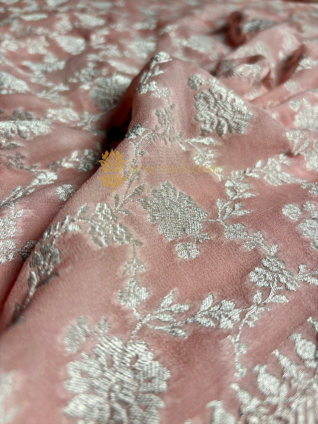 Peach Pure Khaddi Georgette Silk Handloom Banarasi Saree - Silver Zari