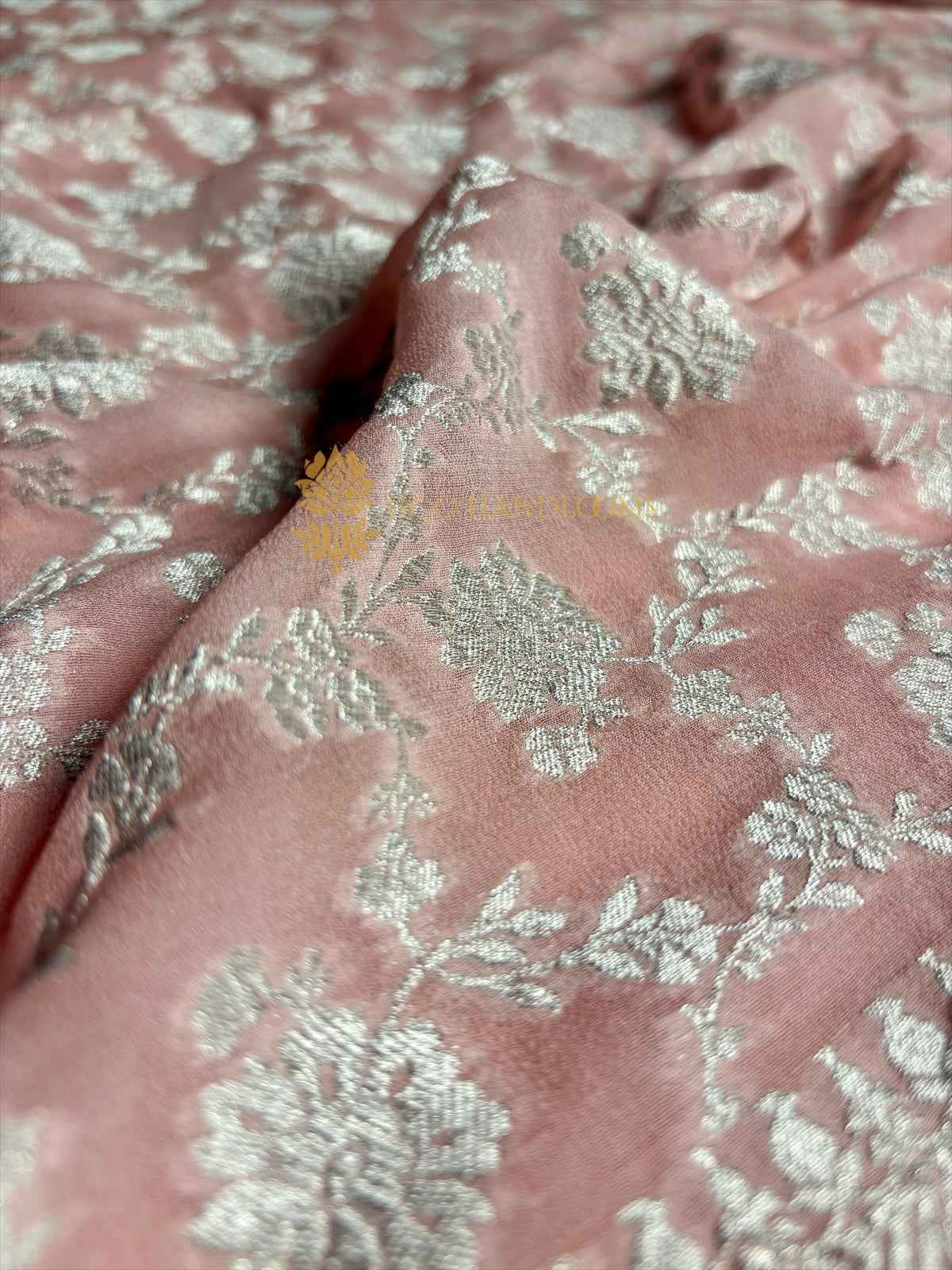 Peach Pure Khaddi Georgette Silk Handloom Banarasi Saree - Silver Zari