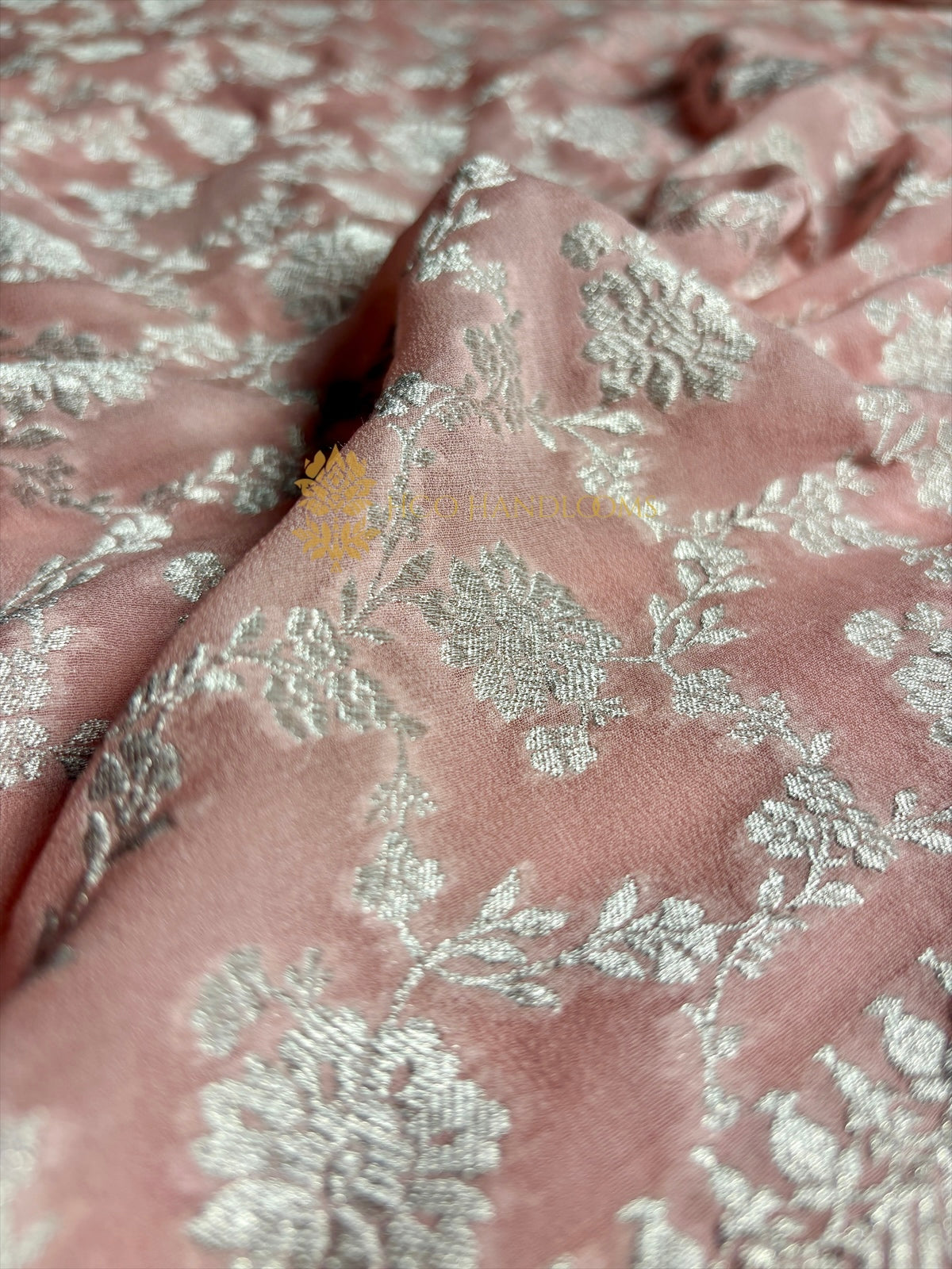 Peach Pure Khaddi Georgette Silk Handloom Banarasi Saree - Silver Zari