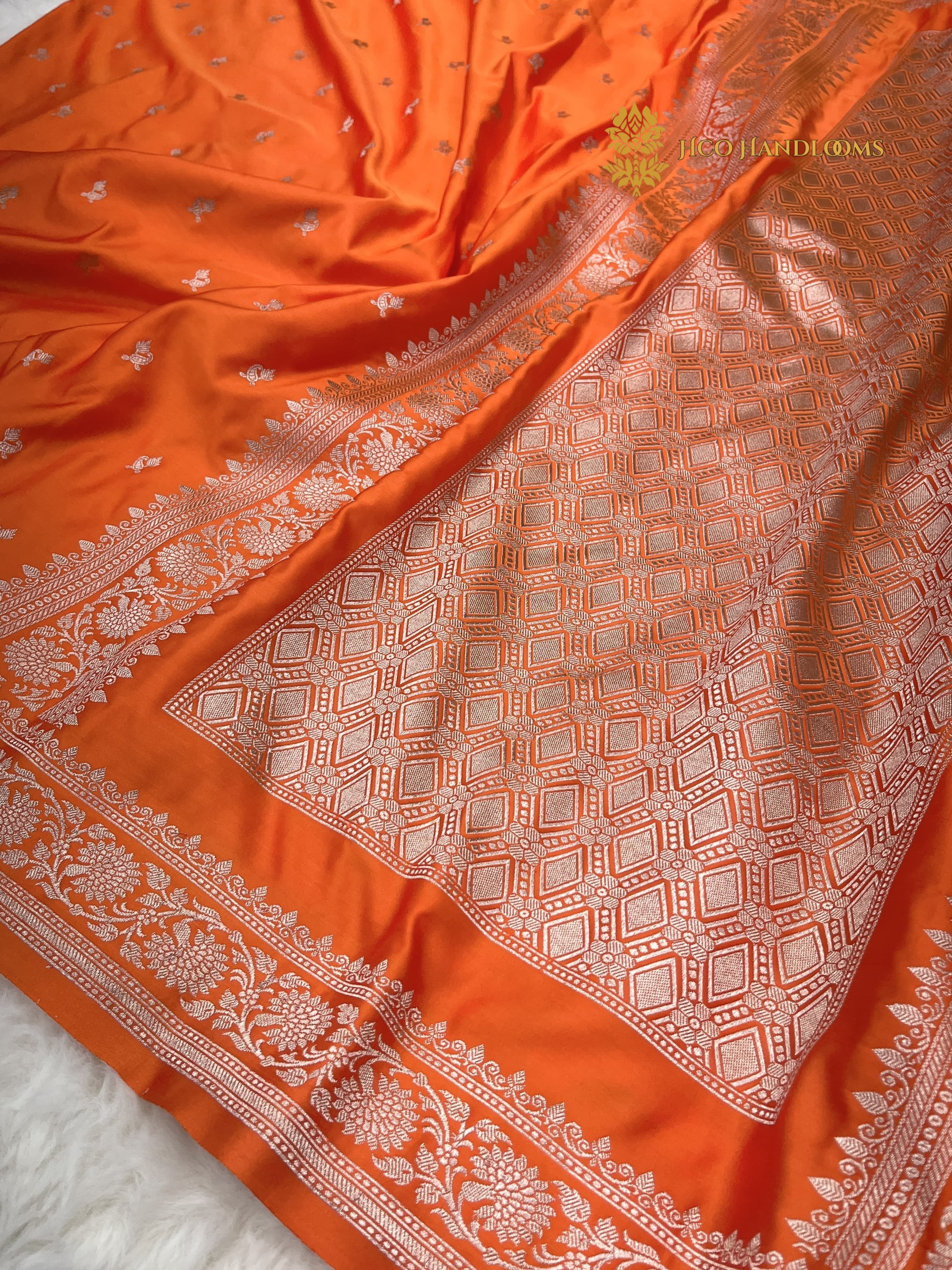 Regal Orange Premium Mashru Katan Silk Banarasi Saree - All Over Motifs