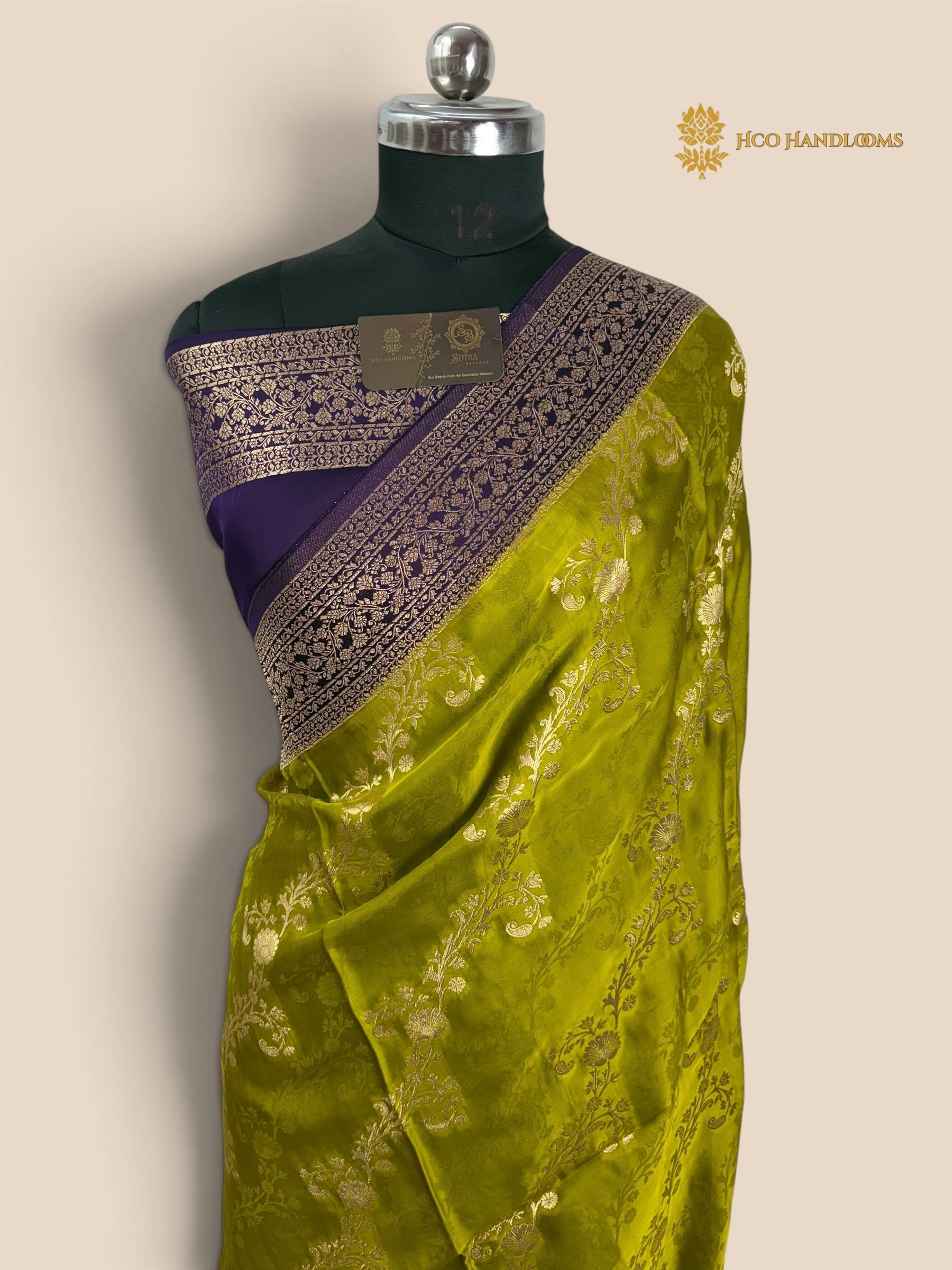 Premium Mashru Crepe Silk Banarasi Saree - All Over Floral Diagonal