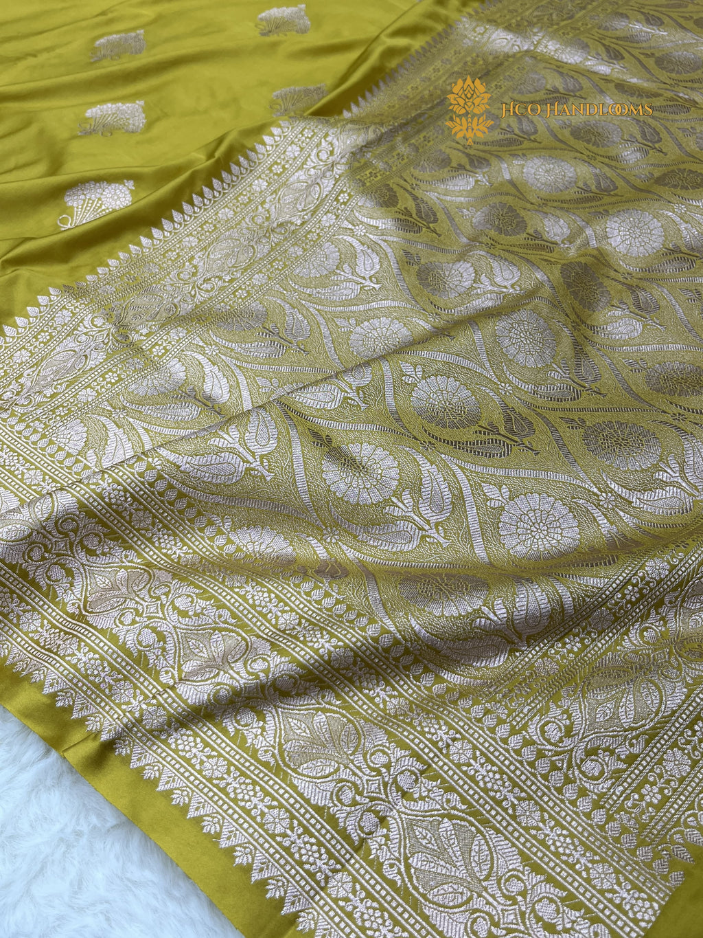 Mustard Green Premium Mashru Katan Silk Banarasi Saree - All Over Motifs