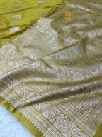 Mustard Green Premium Mashru Katan Silk Banarasi Saree - All Over Motifs