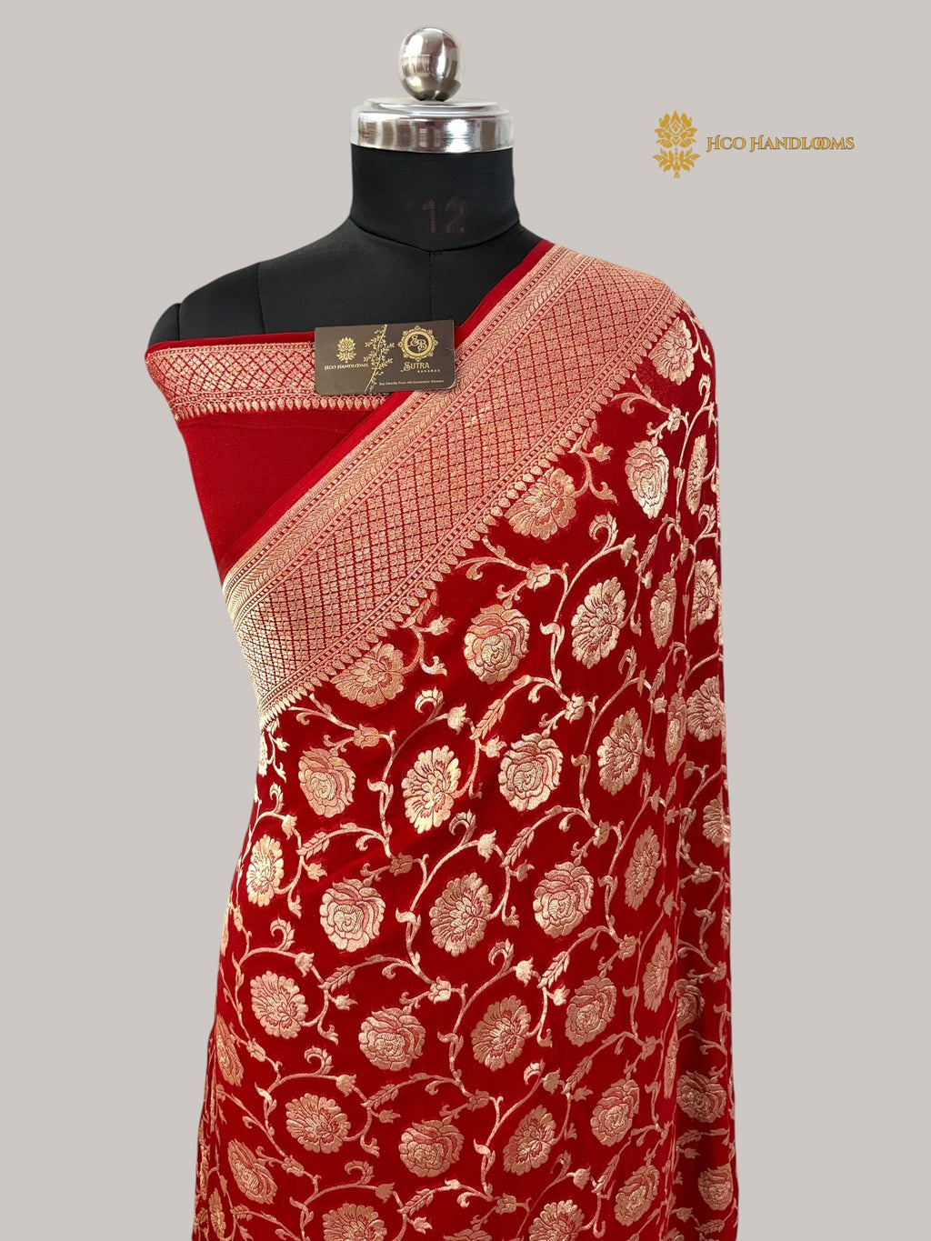 Red Pure Khaddi Georgette Silk Handloom Banarasi Saree - Water Zari