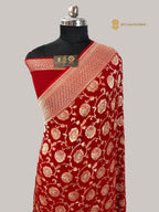 Red Pure Khaddi Georgette Silk Handloom Banarasi Saree - Water Zari