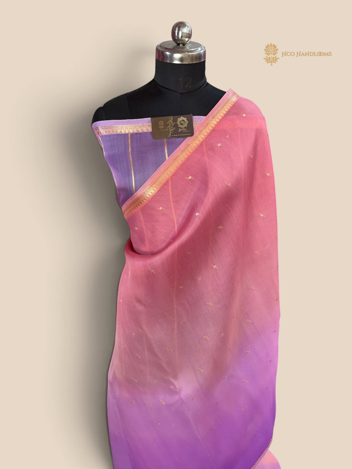 Lavender & Pink Ombre Pure Kora Silk Handloom Banarasi Saree - All Over Small Buti