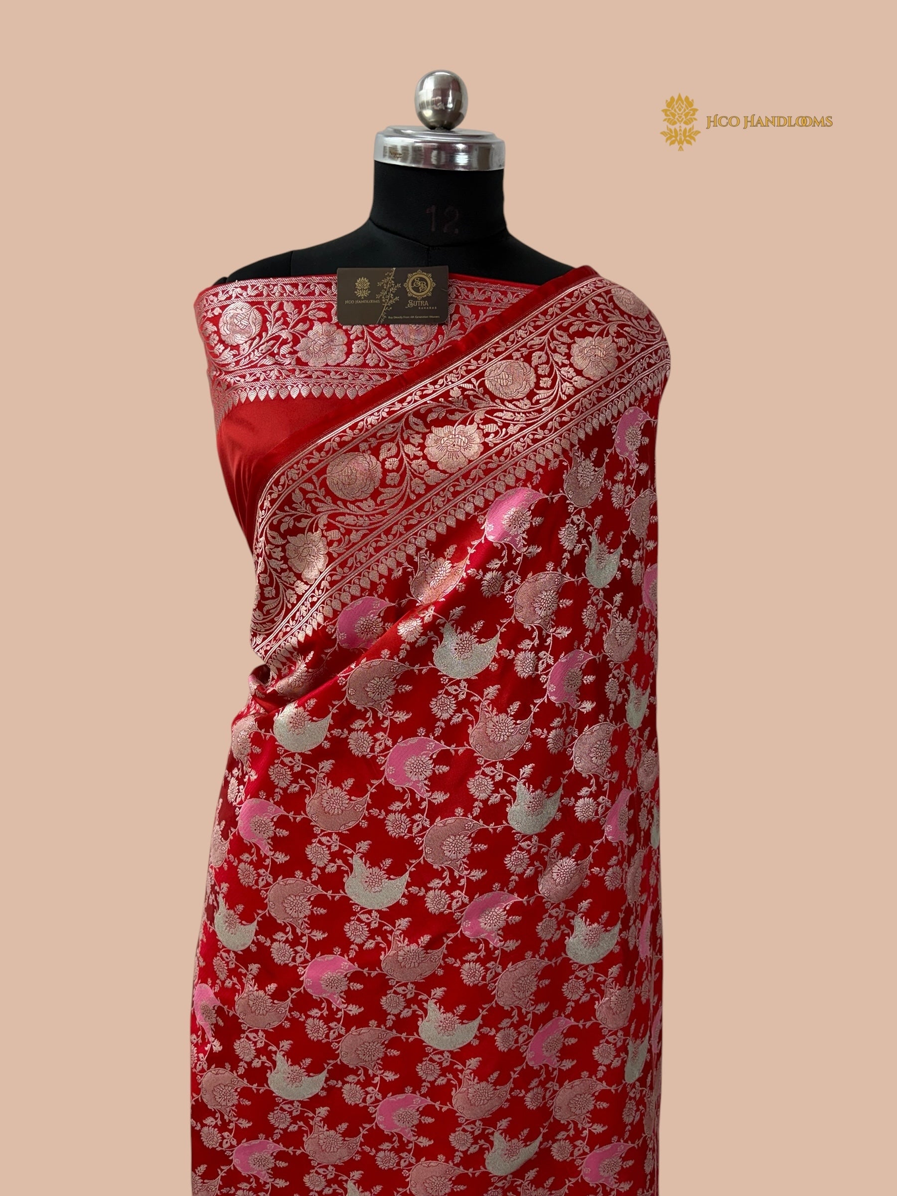 Red Rangkat Mashru Katan Silk Banarasi Saree - All Over Meenakari Jangla