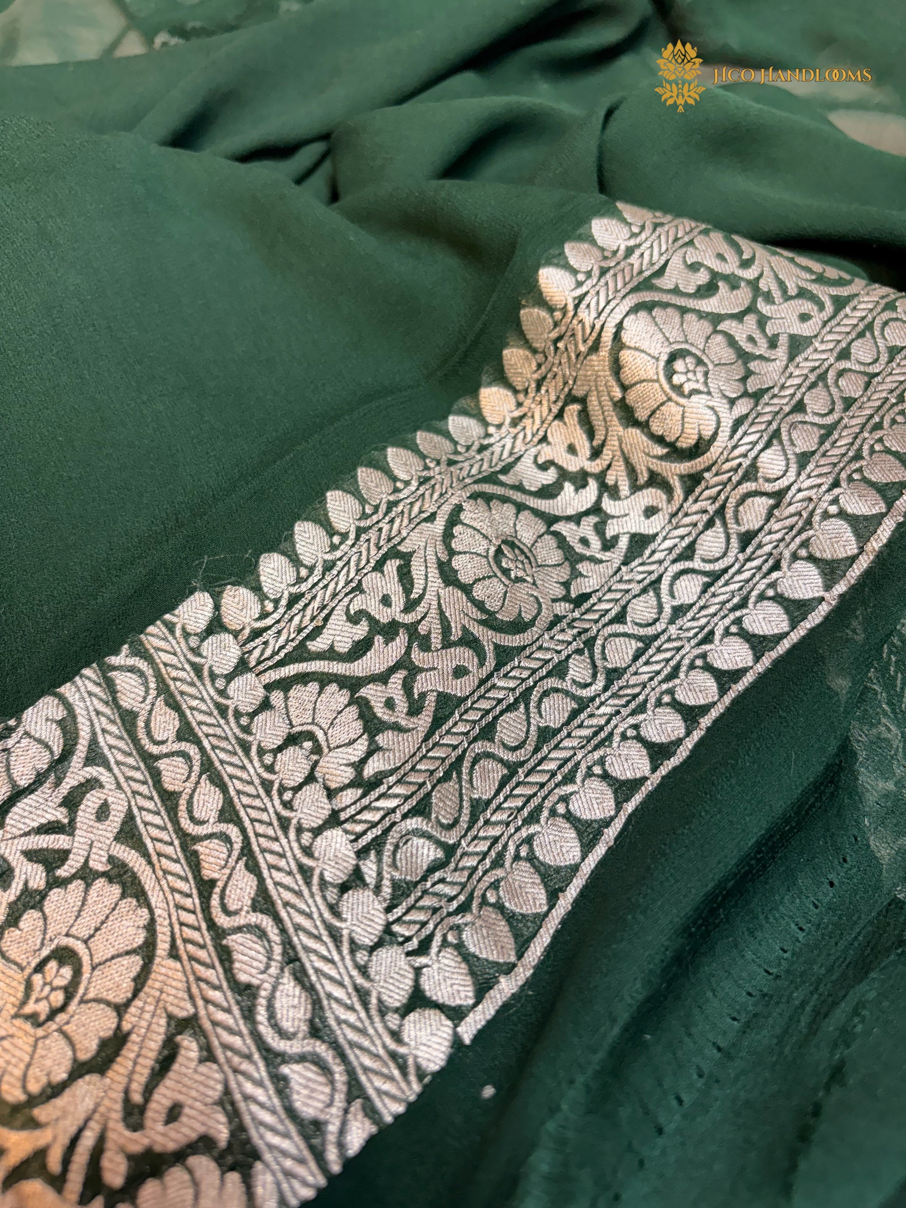 Dark Green Pure Khaddi Georgette Silk Handloom Banarasi Saree - Silver Zari