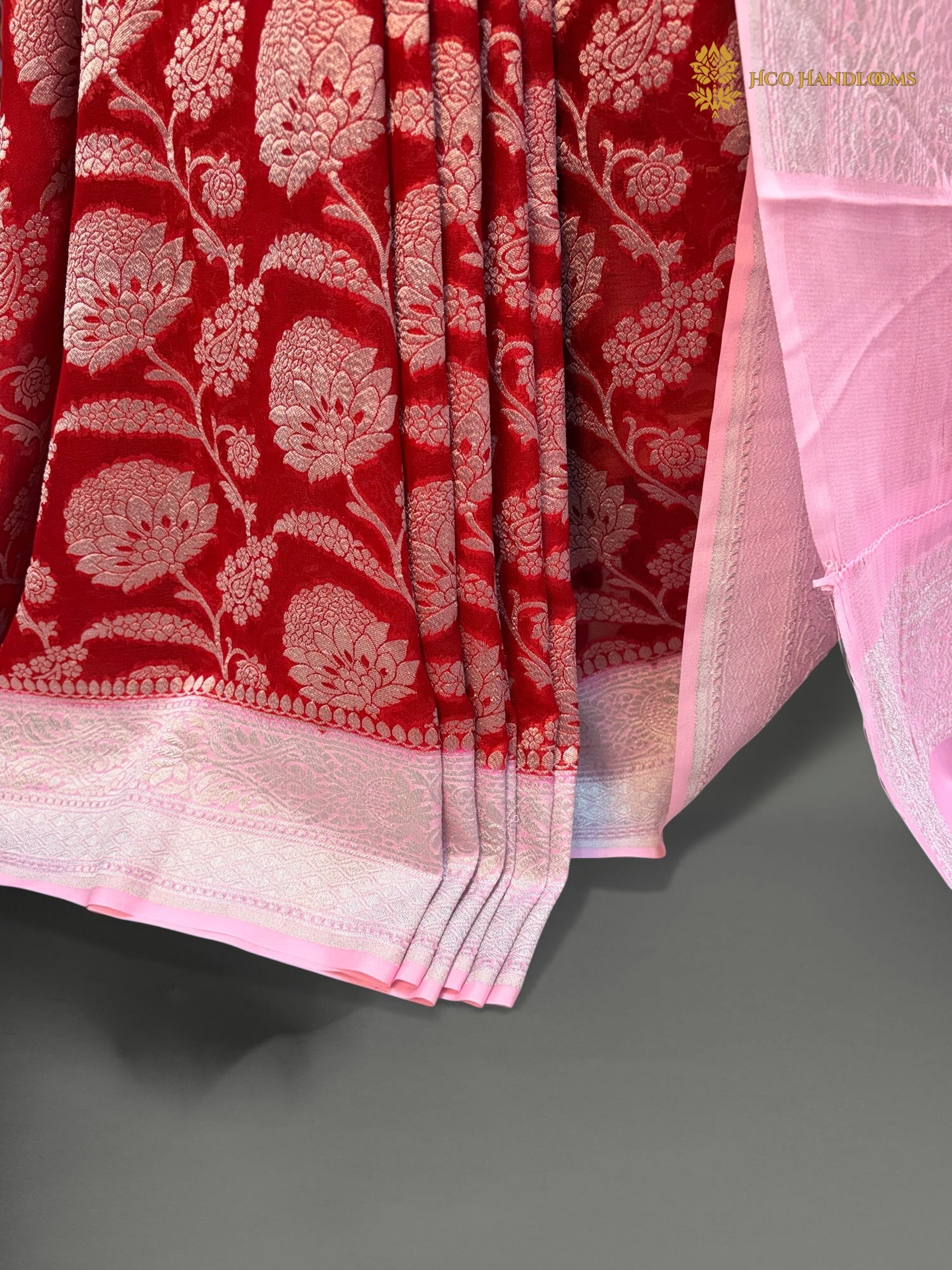 Pure Khaddi Georgette Silk Handloom Banarasi Saree With Red & Light Pink Contrast