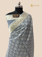 Pastel Blue Premium Cotton Jamdani Banarasi Saree - All Over Jaal