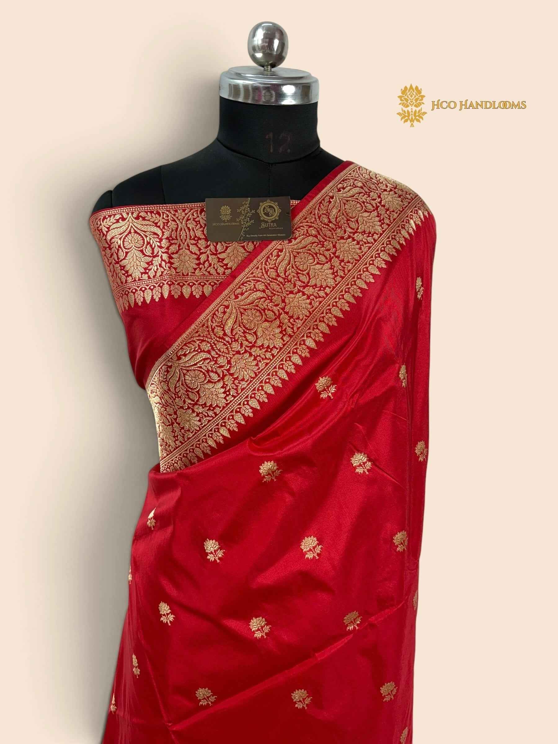 Regal Red Pure Katan Silk Handloom Banarasi Saree - All Over Kadhua Motifs