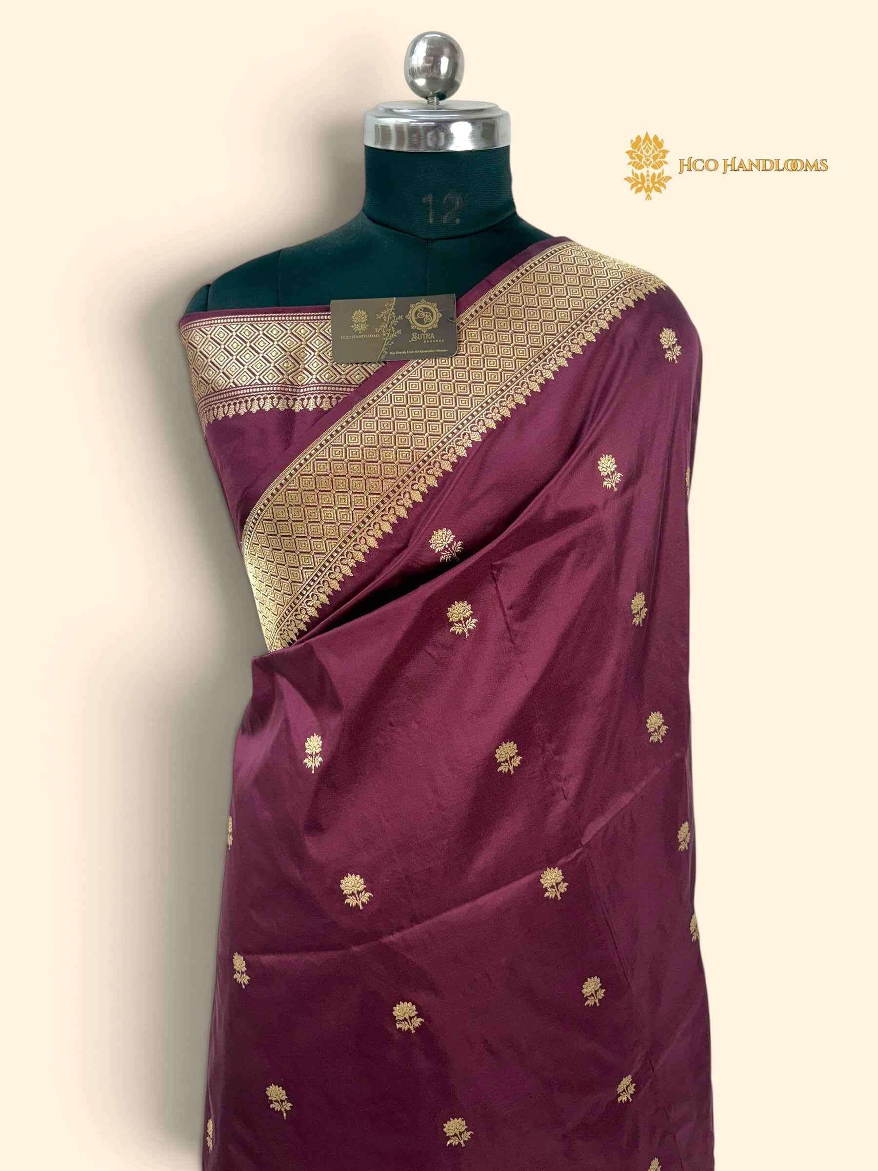 Regal Wine Pure Katan Silk Handloom Banarasi Saree - All Over Kadhua Motifs