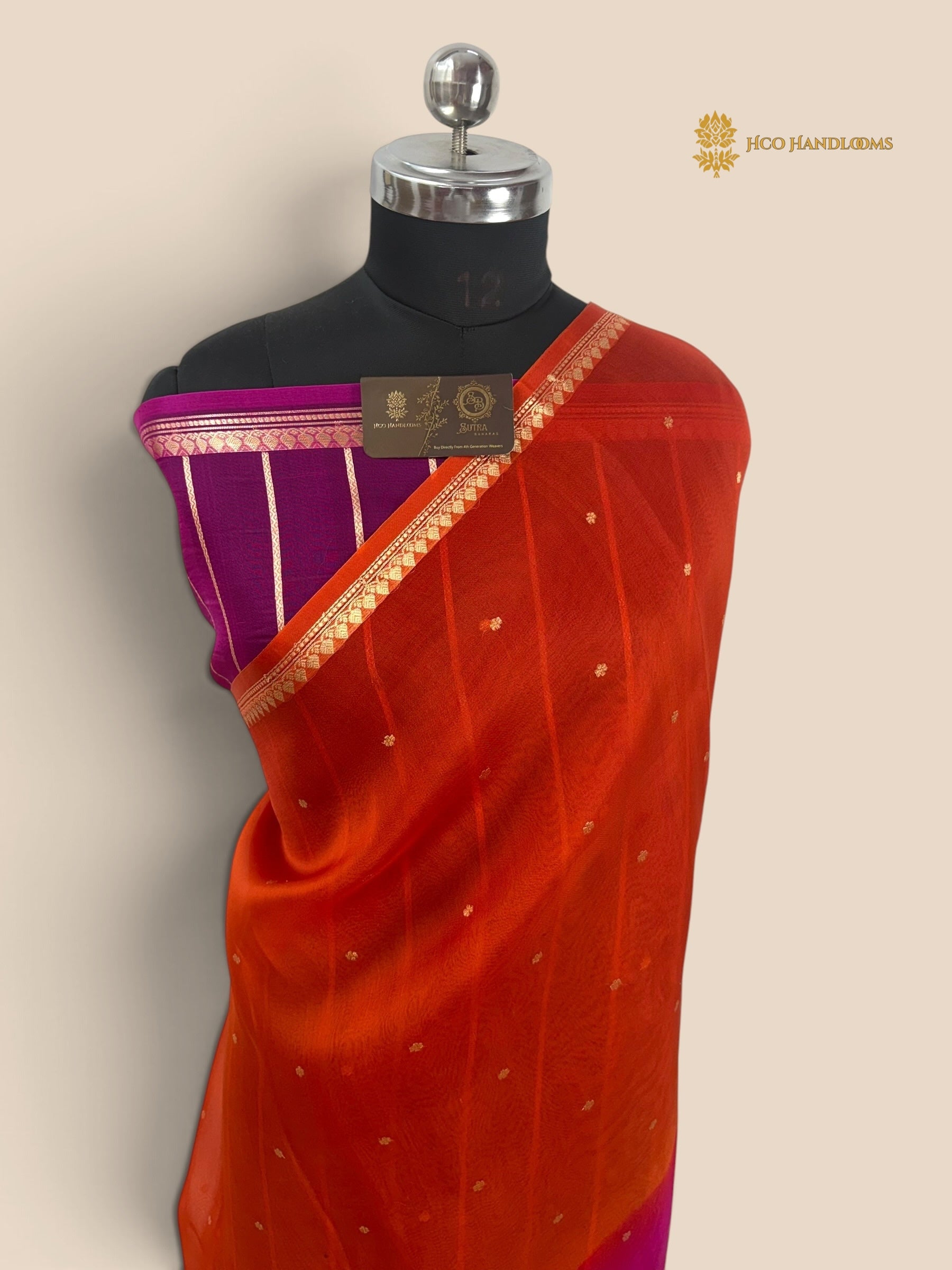 Orange & Pink Ombre Pure Kora Silk Handloom Banarasi Saree - All Over Small Buti