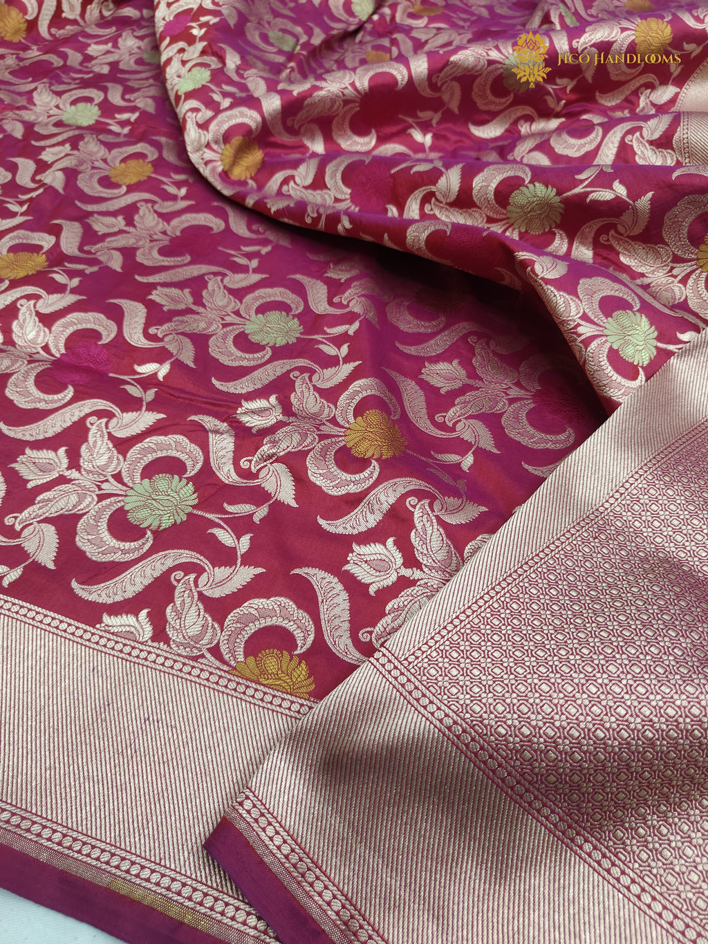 Rani Pink Pure Katan Silk Handloom Banarasi Saree - All Over Meenakari Brocade Jangla