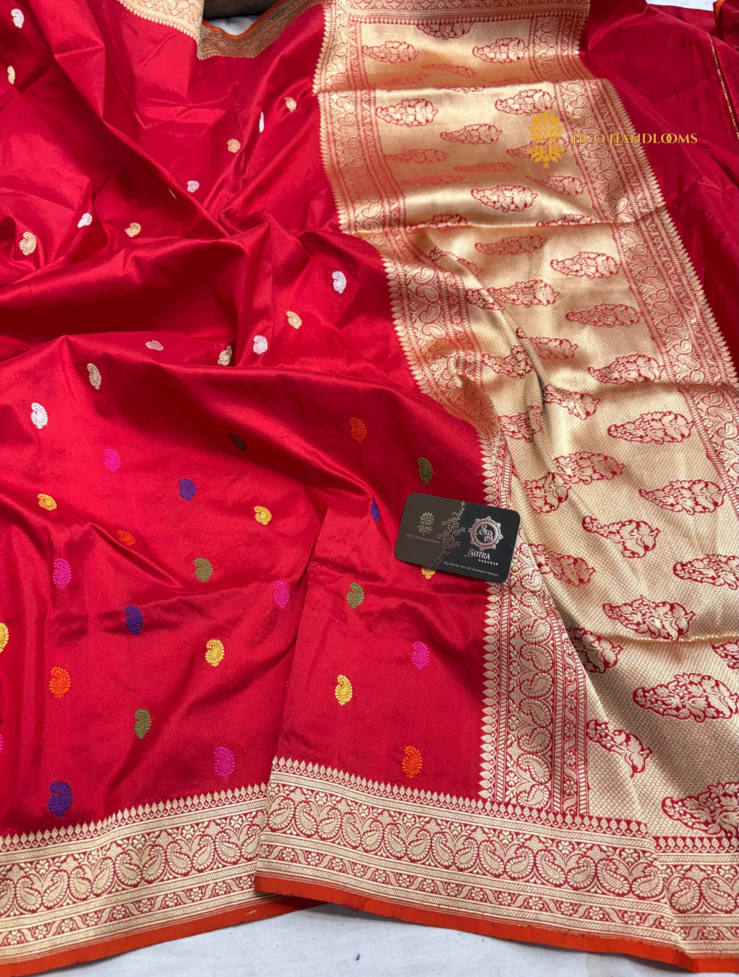Regal Red Pure Katan Silk Handloom Banarasi Saree - All Over Kadhua Motifs