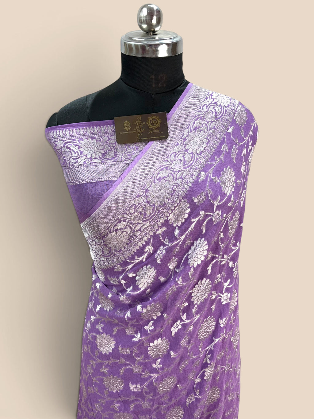 Lavender Pure Khaddi Georgette Silk handloom Banarasi Saree - Water Zari