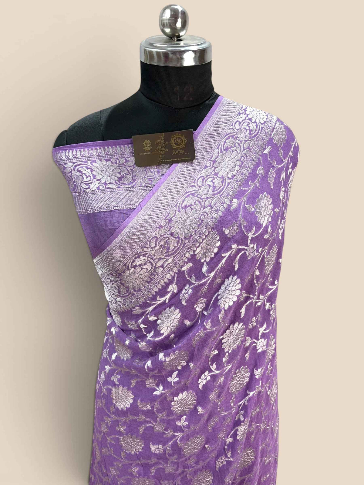 Lavender Pure Khaddi Georgette Silk handloom Banarasi Saree - Water Zari