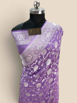 Lavender Pure Khaddi Georgette Silk handloom Banarasi Saree - Water Zari