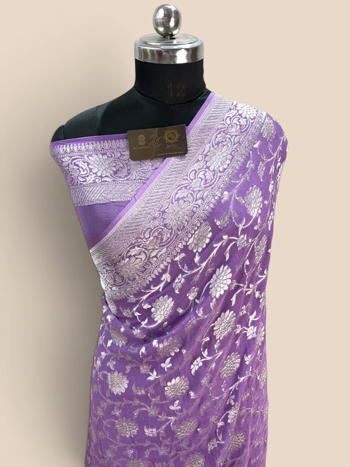 Lavender Pure Khaddi Georgette Silk handloom Banarasi Saree - Water Zari