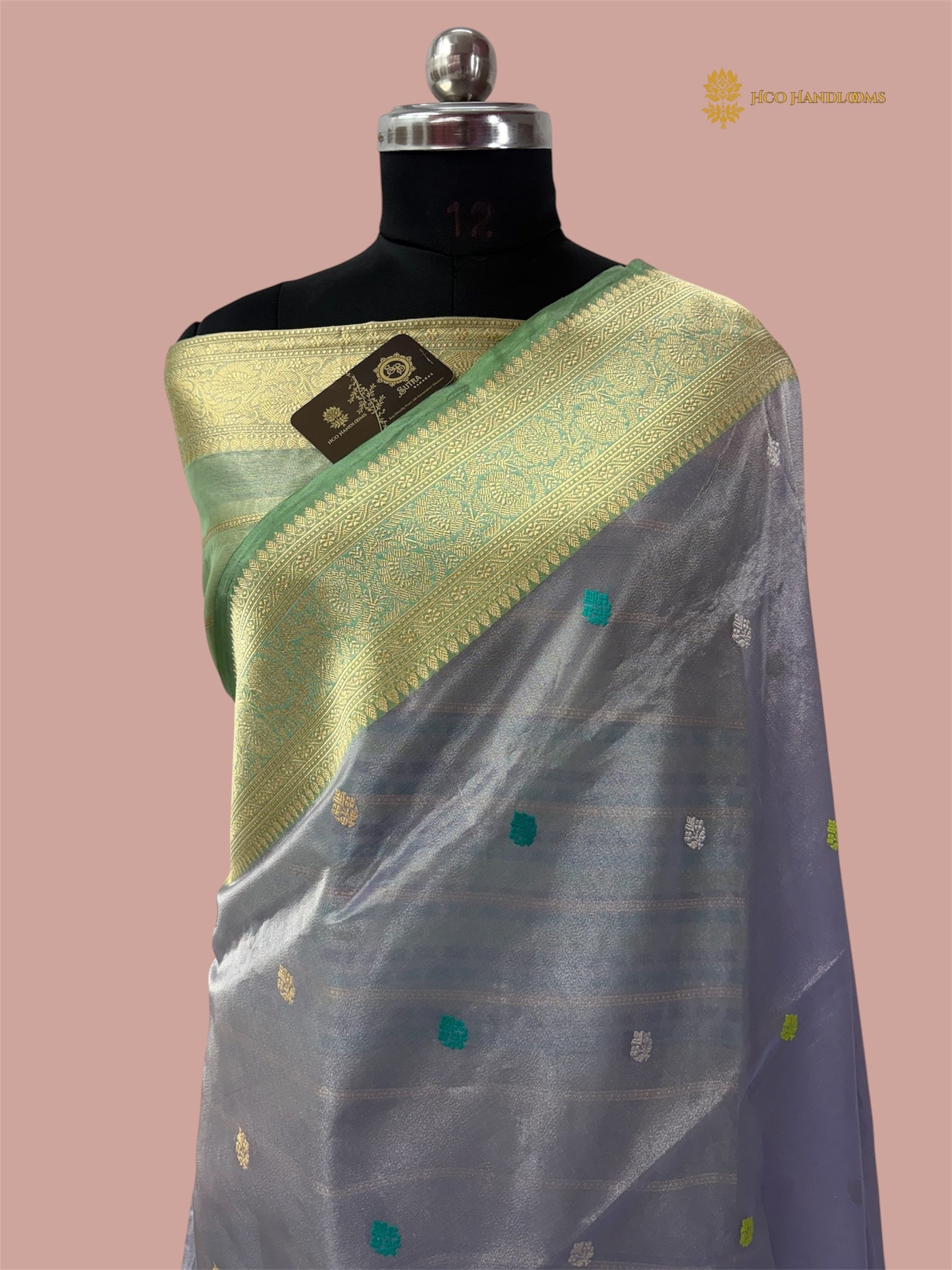 Pure Tissue Silk Body With Katan Contrast Border Handloom Banarasi saree - All Over Kadua Motifs