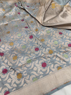 Light Blue Pure Katan Silk Handloom Banarasi Saree - All Over Meenakari Brocade Jangla