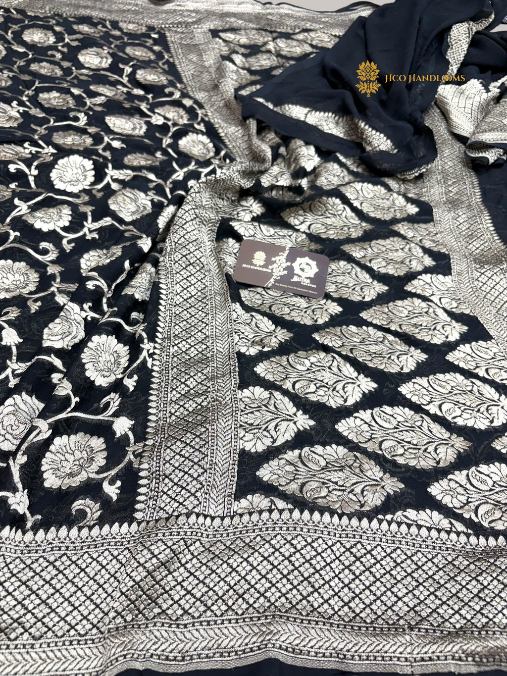 Black Pure Khaddi Georgette Silk handloom Banarasi Saree - Water Zari
